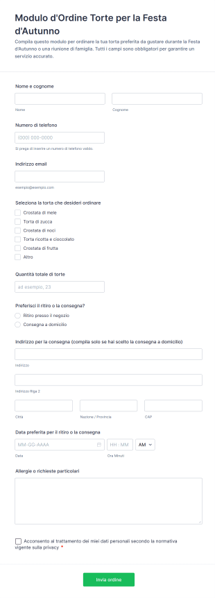 Modulo D'Ordine Torte Per La Festa D'Autunno