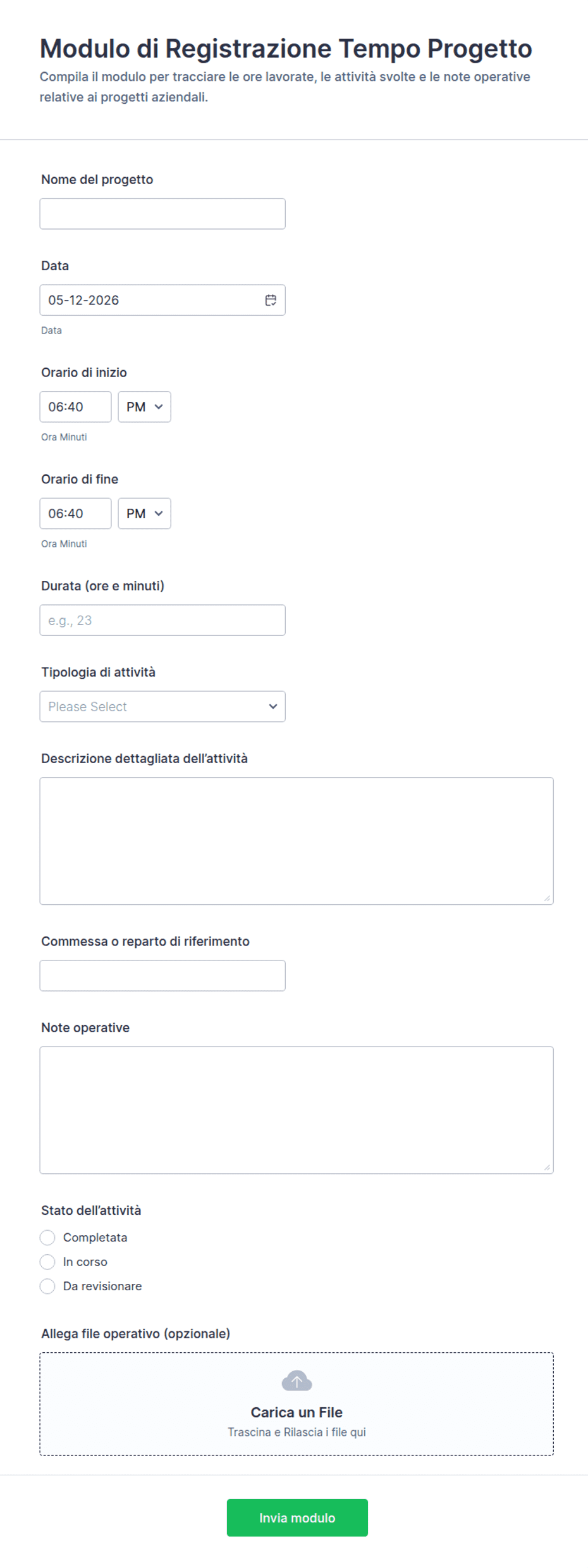 Modulo Foglio Presenze Progetto | Jotform