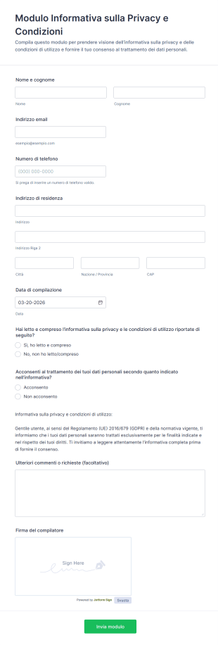 Modulo Informativa Sulla Privacy E Condizioni