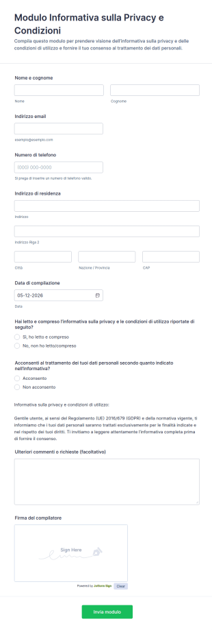 Modulo Informativa Sulla Privacy E Condizioni