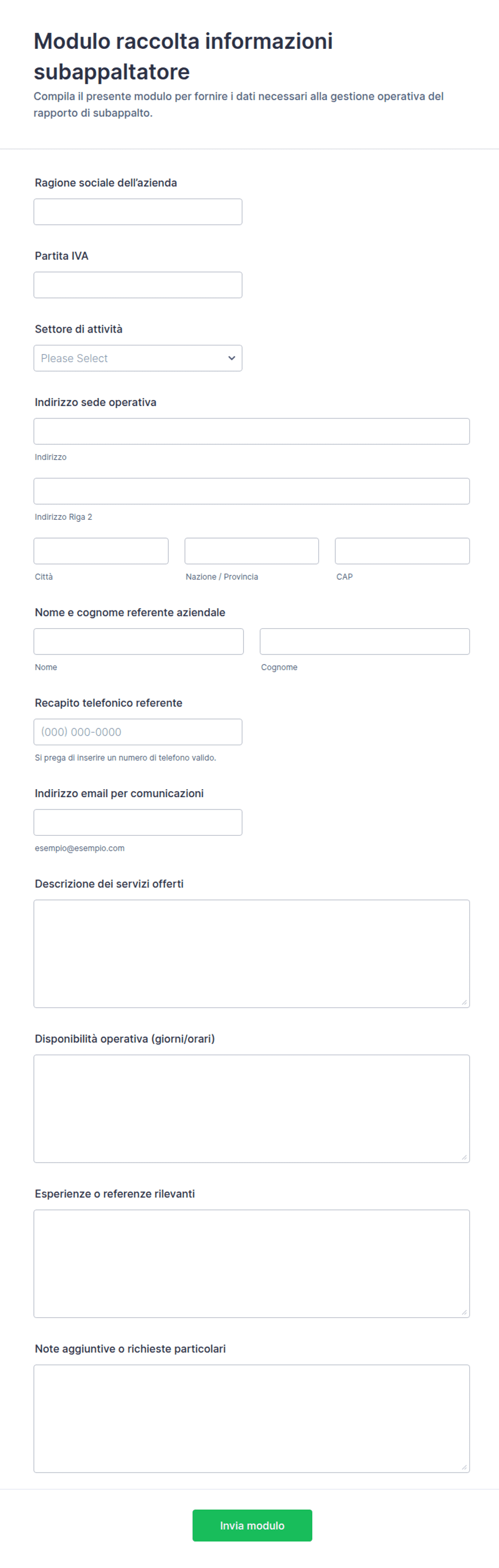 Modulo Informativo per Subappaltatori | Jotform