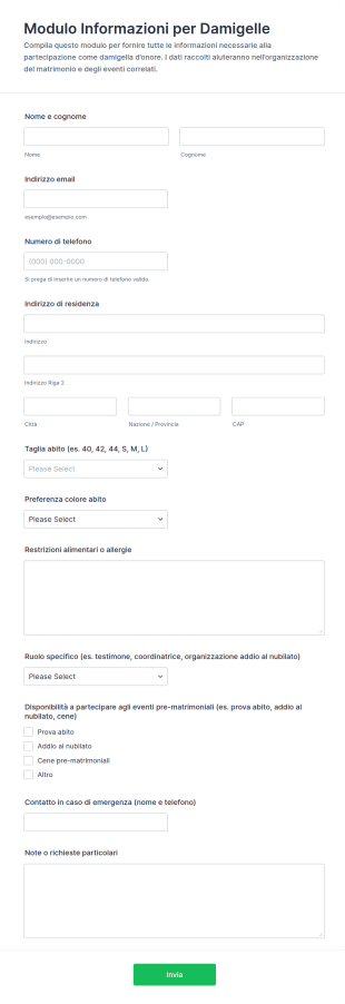 Modulo Informazioni Damigella D'Onore