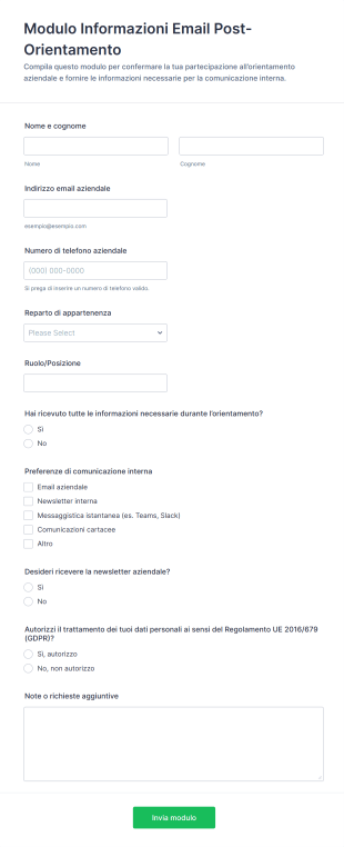 Modulo Informazioni Email Post Orientamento