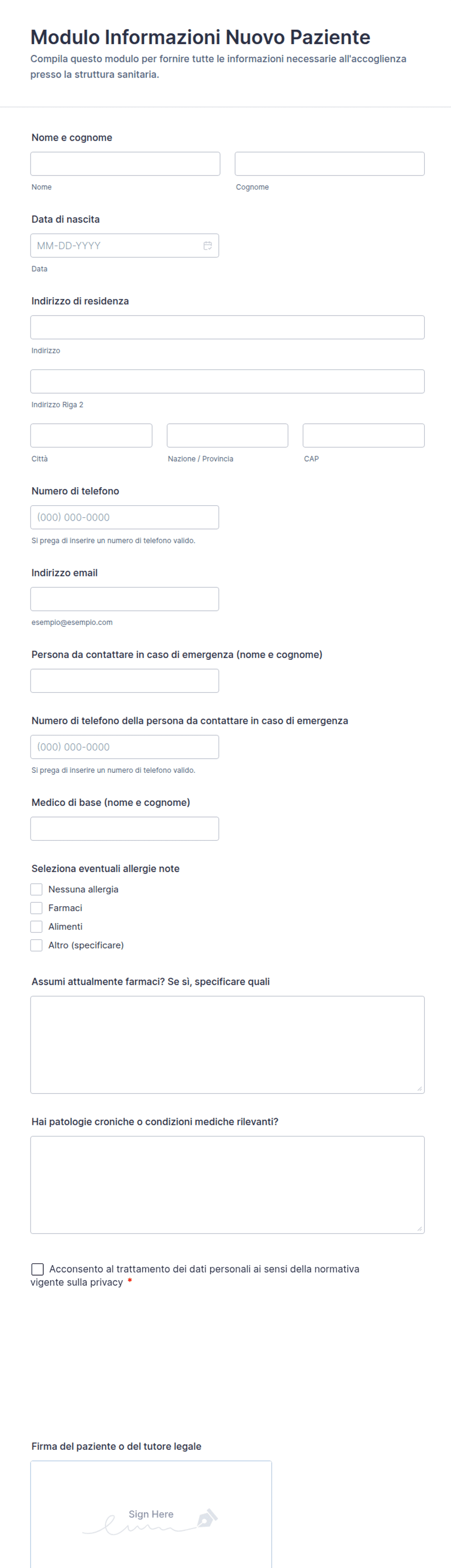 Modulo Rilascio Medical Device Example Modulo Informazioni Nuovo Paziente | Jotform