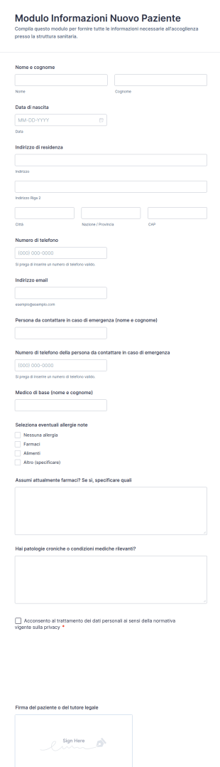 Modulo Informazioni Nuovo Paziente