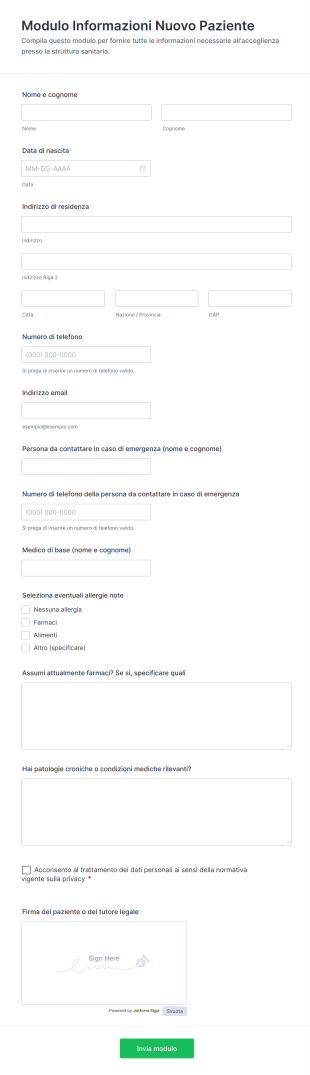 Modulo Informazioni Nuovo Paziente