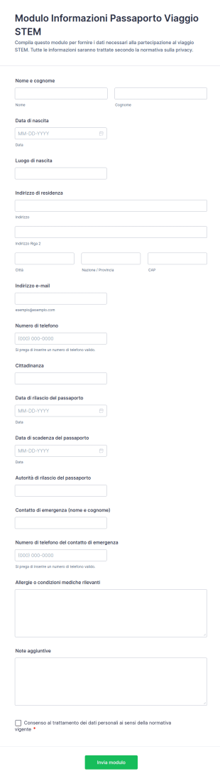 Modulo Informazioni Passaporto Per Viaggio STEM