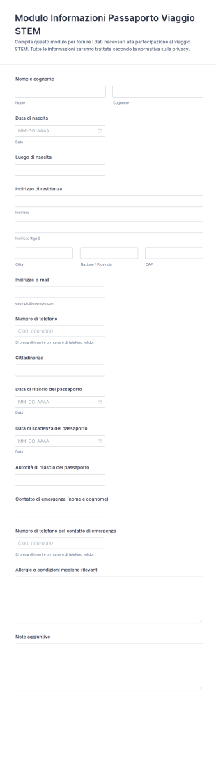 Modulo Informazioni Passaporto Per Viaggio STEM
