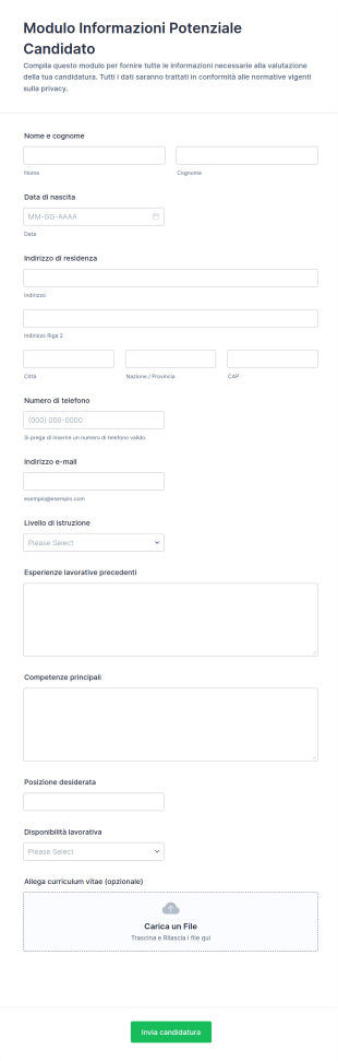 Modulo Informazioni Potenziale Candidato