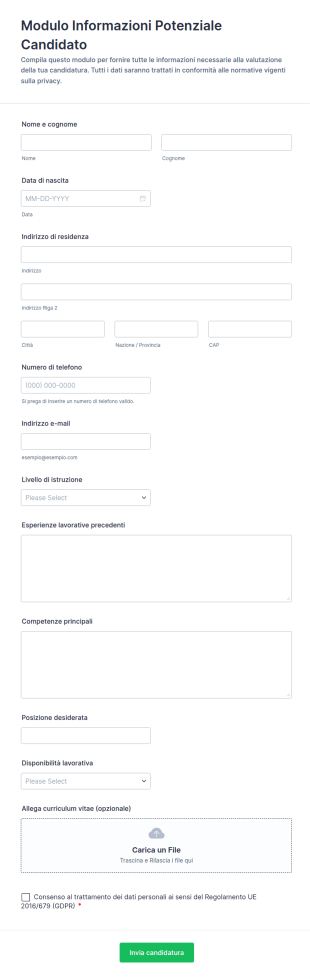 Modulo Informazioni Potenziale Candidato