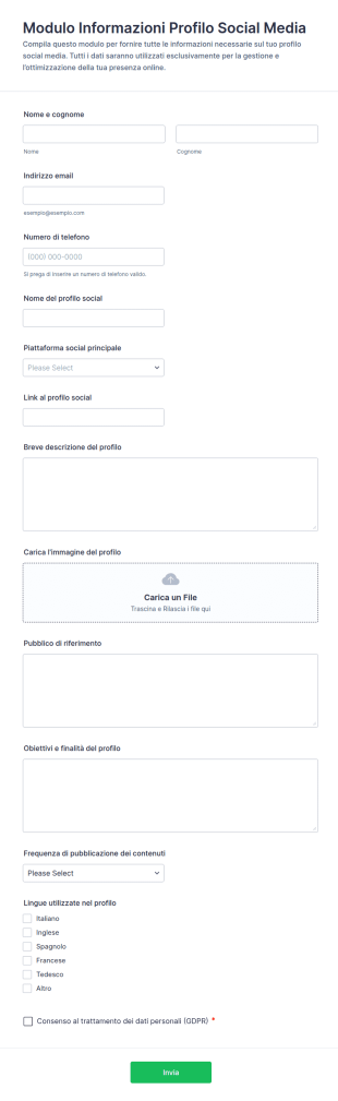 Modulo Informazioni Profilo Social Media