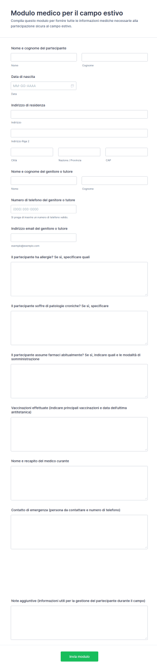 Modulo Medico Per Il Campo Estivo