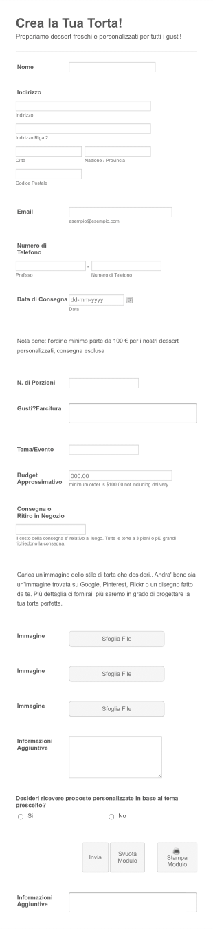 Modulo Ordinazione Torta Personalizzata Form Template
