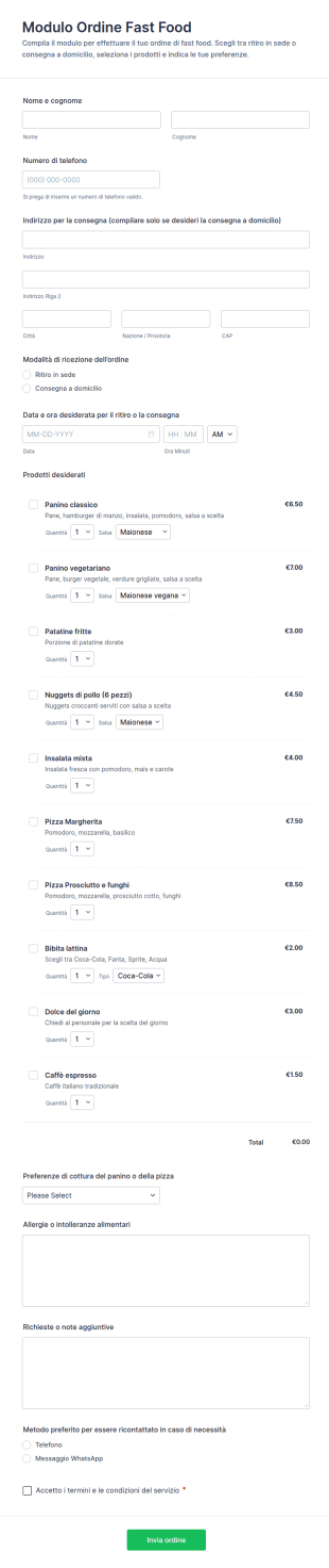 Modulo Ordine Fast Food