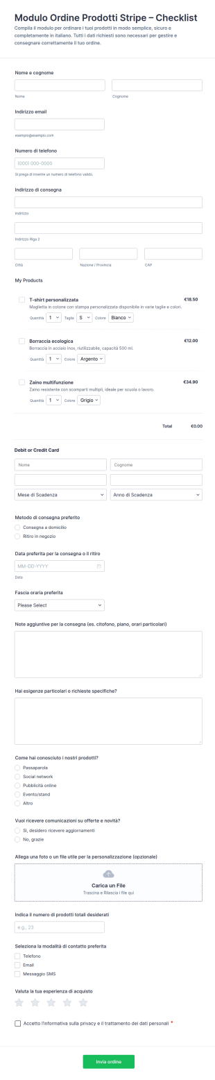 Modulo Ordine Prodotti Stripe – Checklist