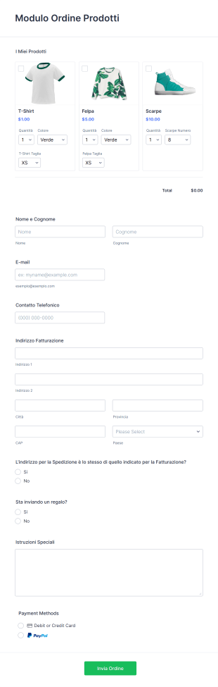 Modulo Ordine Prodotti Form Template