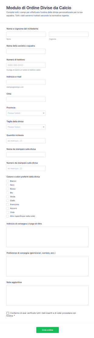 Modulo Ordine Uniformi Da Calcio