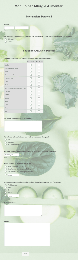 Modulo Per Allergie Alimentari Form Template