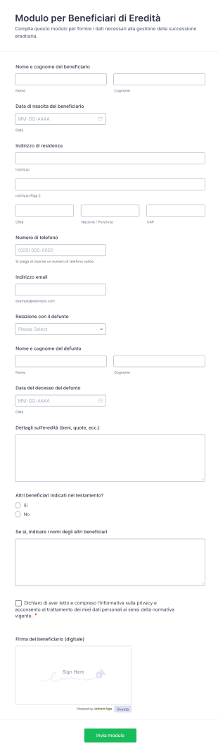 Modulo Per Beneficiari Di Eredità