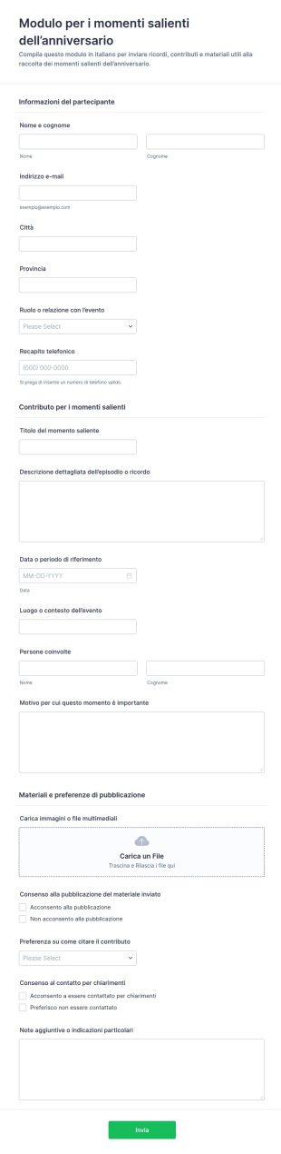 Modulo Per I Momenti Salienti Dell’anniversario