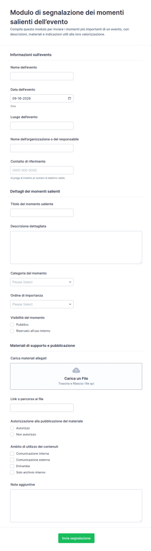 Modulo Per I Momenti Salienti Dell’evento