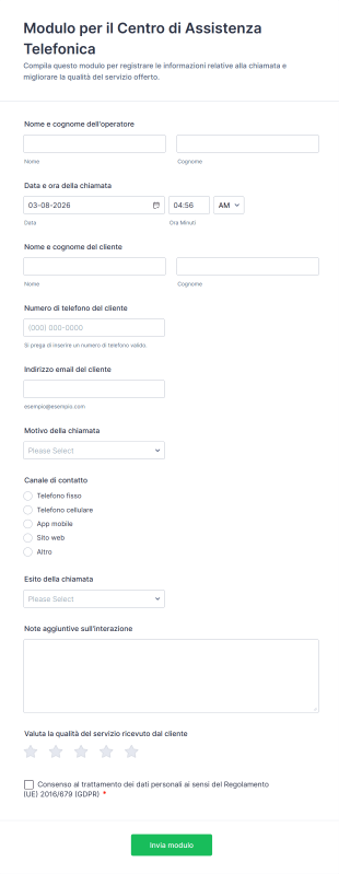 Modulo Per Il Centro Di Assistenza Telefonica