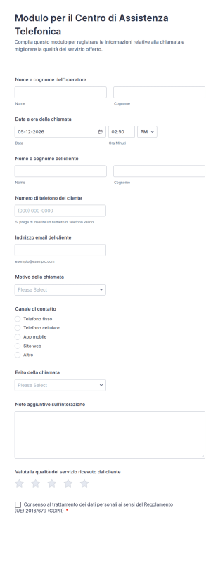 Modulo Per Il Centro Di Assistenza Telefonica
