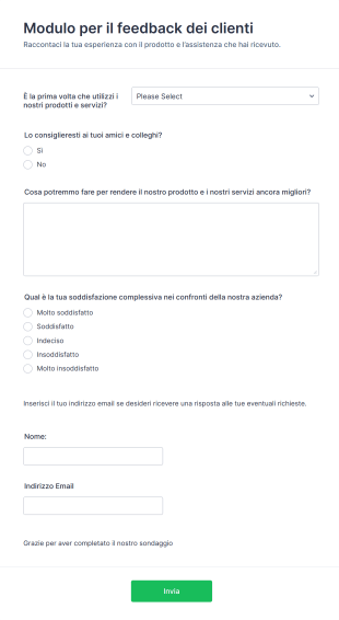 Modulo Per Il Feedback Dei Clienti