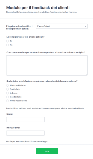 Modulo Per Il Feedback Dei Clienti