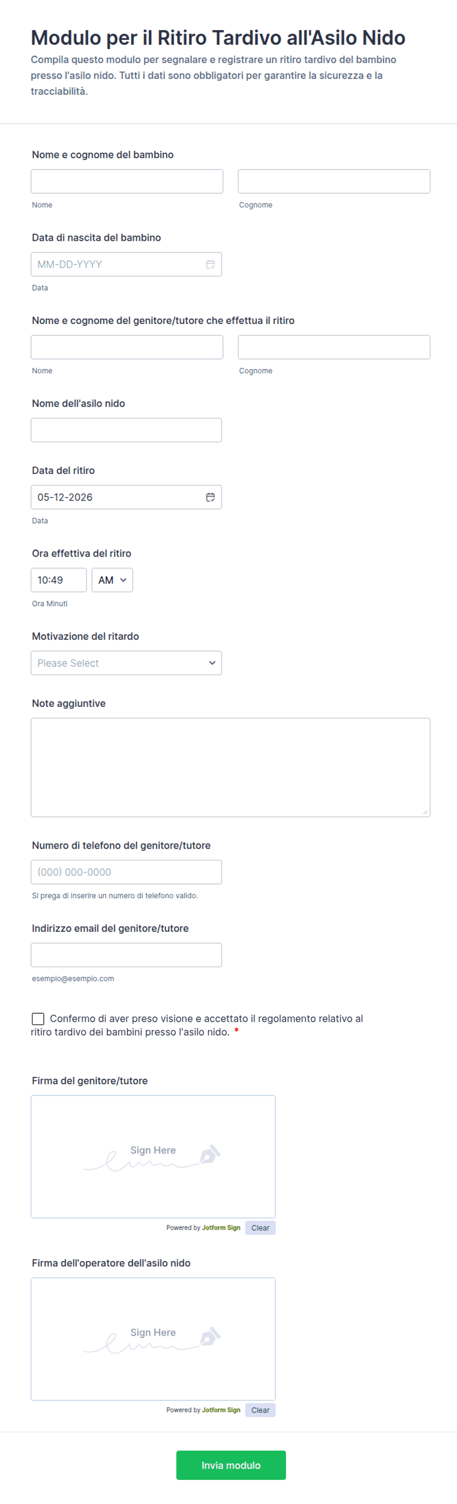 Modulo per il Ritiro Tardivo all'Asilo Nido | Jotform