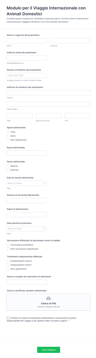 Modulo Per Il Viaggio Internazionale Con Animali Domestici
