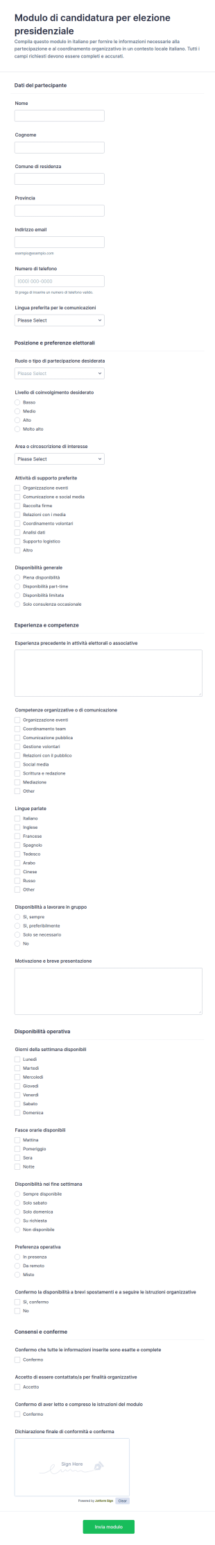 Modulo Per La Candidatura Alle Elezioni Presidenziali