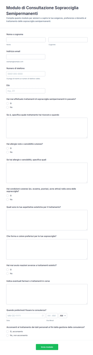 Modulo Per La Consulenza Per Sopracciglia Semipermanenti