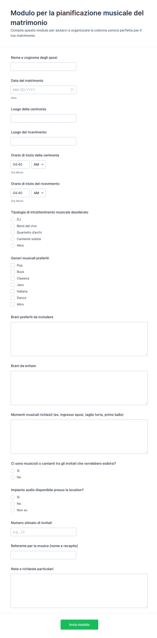 Modulo Per La Pianificazione Della Musica Del Matrimonio