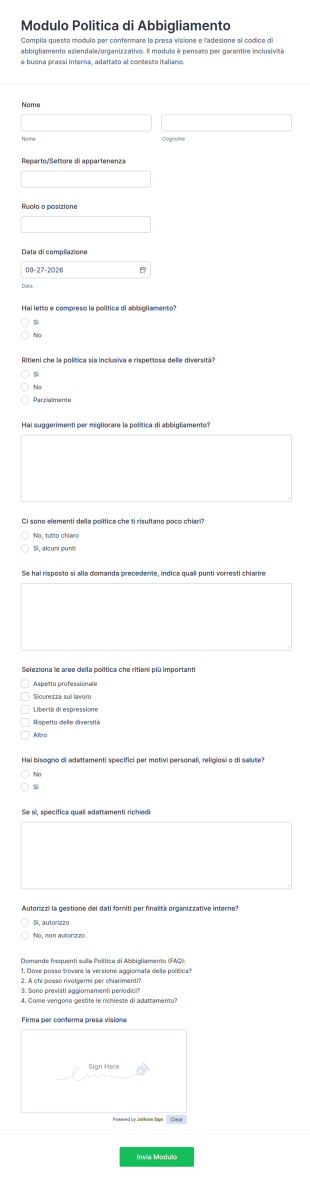 Modulo Per La Policy Di Dress Code