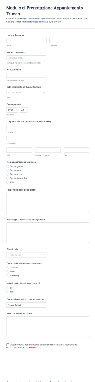 Modulo Per La Prenotazione Del Trattamento Di Trucco
