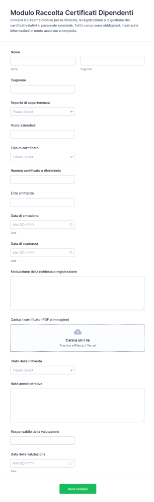 Modulo Per La Registrazione Dei Certificati Dei Dipendenti