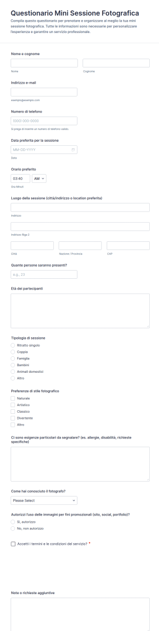Modulo Per La Richiesta Di Mini Sessione Fotografica