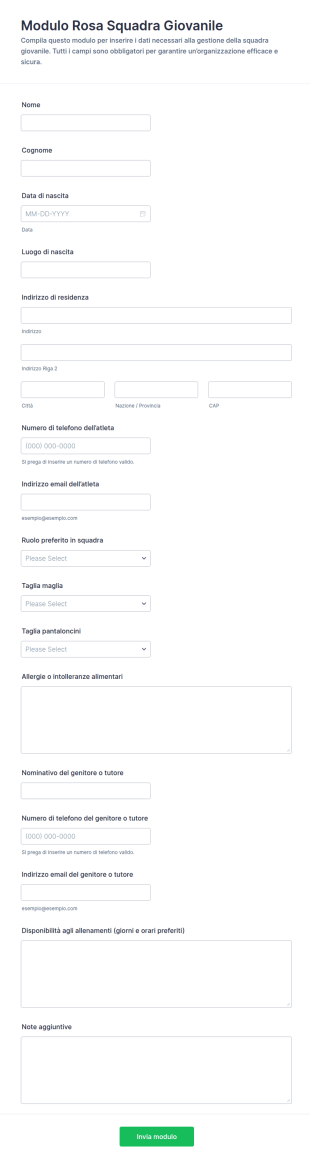 Modulo Per La Roster Della Squadra Giovanile