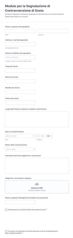 Modulo Per La Segnalazione Di Contravvenzione Di Sosta