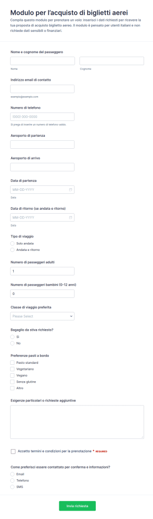 Modulo Per L’Acquisto Di Biglietti Aerei
