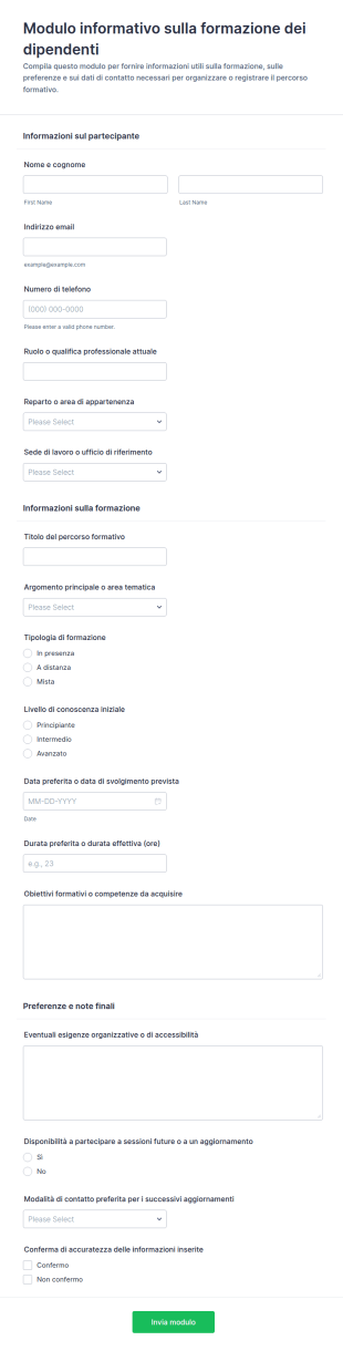 Modulo Per Le Informazioni Sulla Formazione Dei Dipendenti