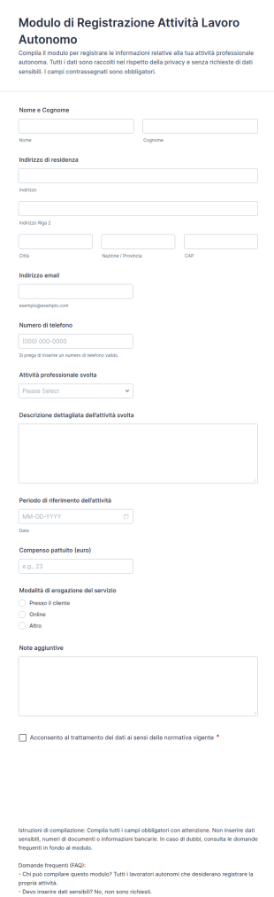 Modulo Per Le Registrazioni Di Lavoro Autonomo
