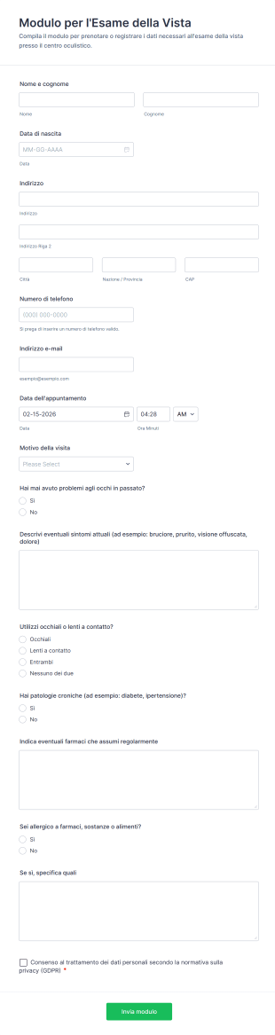 Modulo Per L'Esame Della Vista