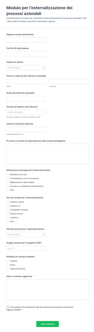 Modulo Per L'esternalizzazione Dei Processi Aziendali