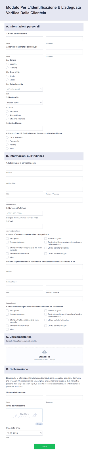 Modulo Per L'identificazione E L'adeguata Verifica Della Clientela Form Template