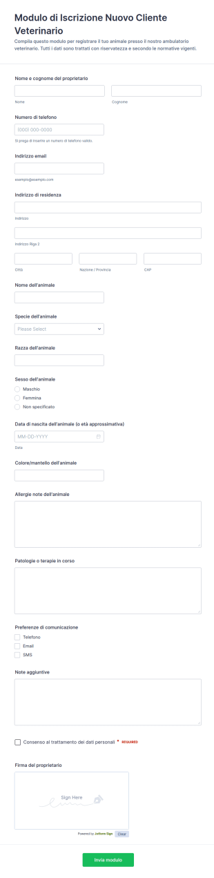 Modulo Per Nuovi Clienti Veterinari
