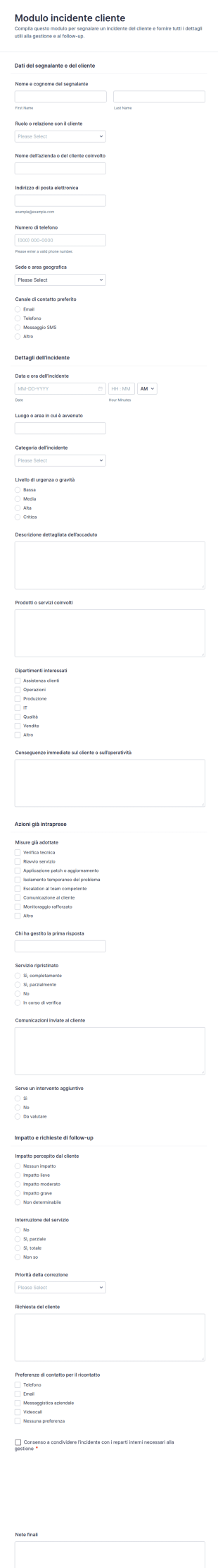 Modulo Per Segnalazione Di Incidente Cliente
