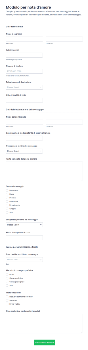 Modulo Per Un Messaggio D’Amore