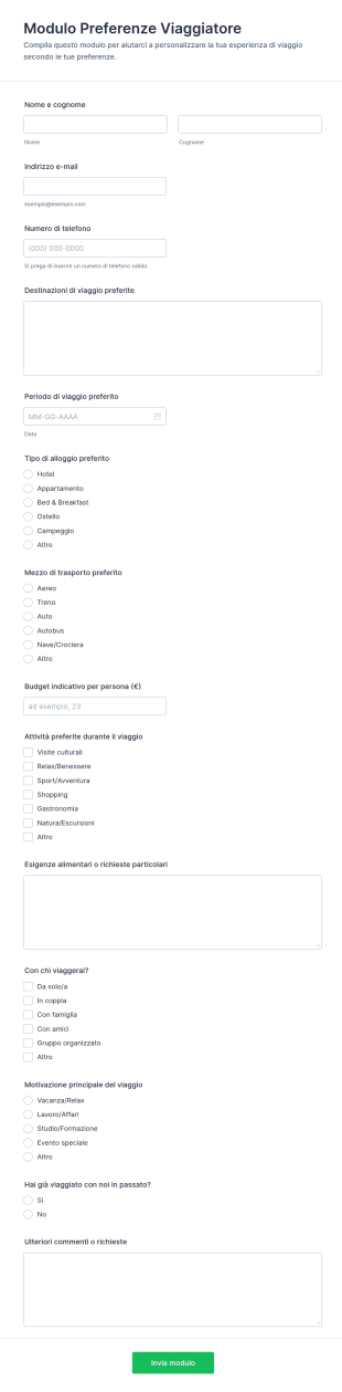 Modulo Preferenze Viaggiatore